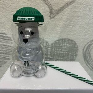 Starbucks bearista bear glass cup with green straw